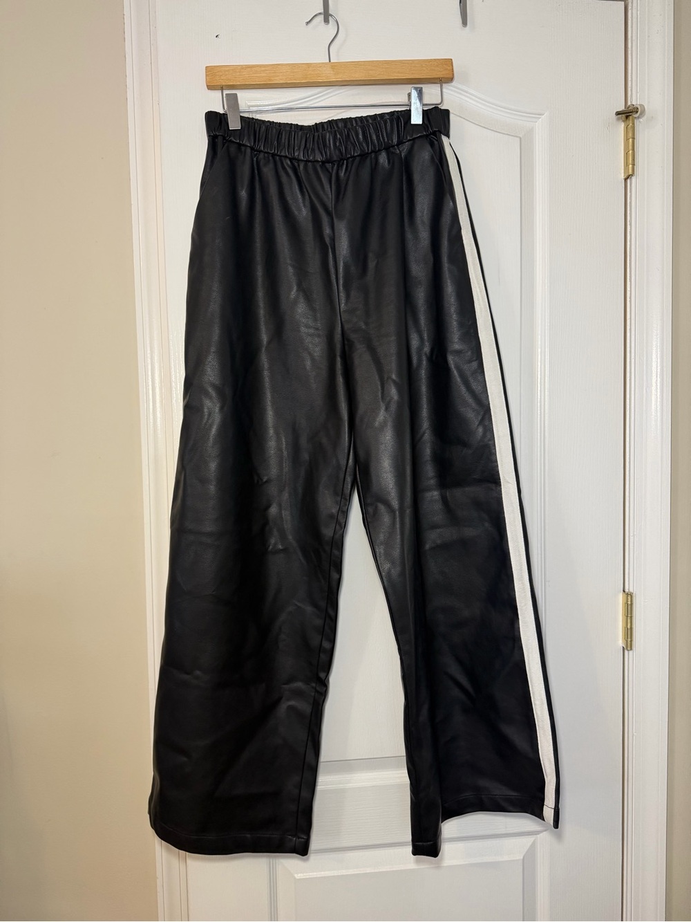Maeve by Anthropologie Black Faux Leather Track Pants with White Side Stripe